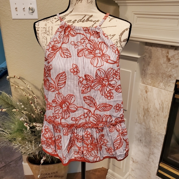 Halter style drawstring top.  Gray/white striped with all-over embroidery - Picture 1 of 8